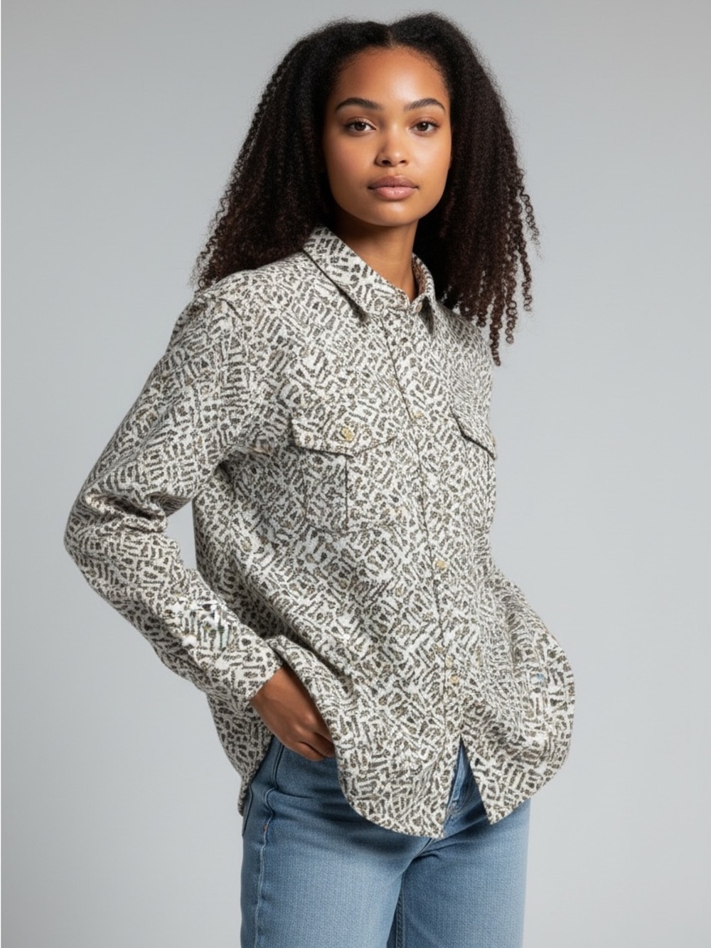 Chico’s 2 Large Novelty Print Keys Long Sleeve Collared Button Up Blouse Yellow